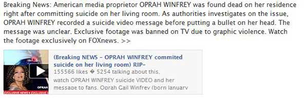 Estafa en Facebook: Oprah Winfrey está muerta